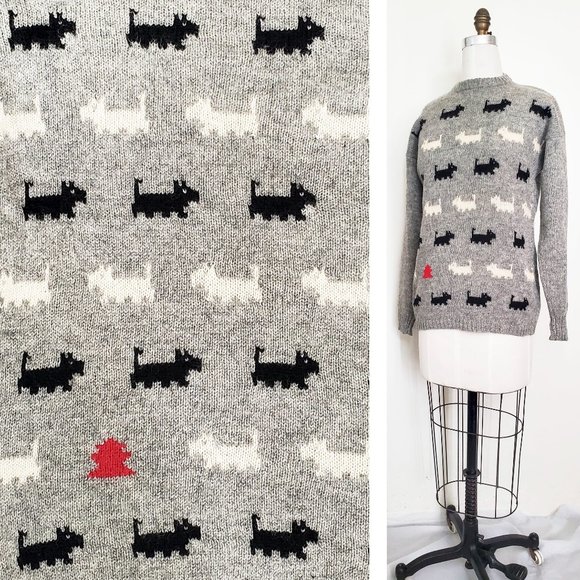 Vintage 80s Concepts Womens Scottie Dog Scottish Terrier Grey Wool Knit Sweater - Picture 1 of 7